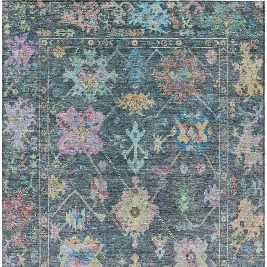 Teal Blue Pink And Gold Floral Washable Indoor Outdoor Area Rug Photo 4