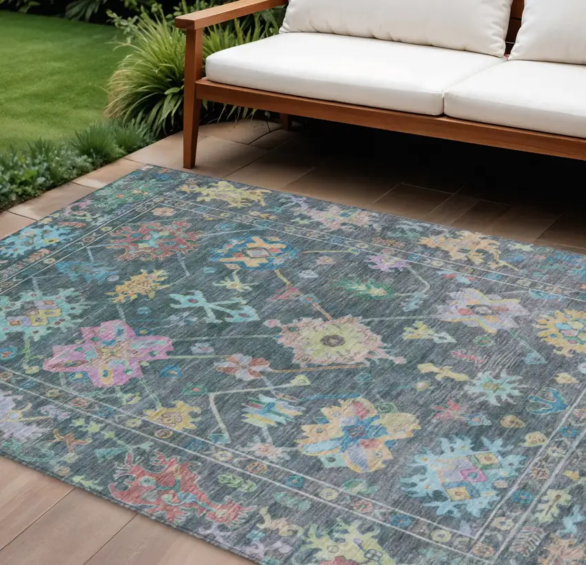 Teal Blue Pink And Gold Floral Washable Indoor Outdoor Area Rug Photo 1