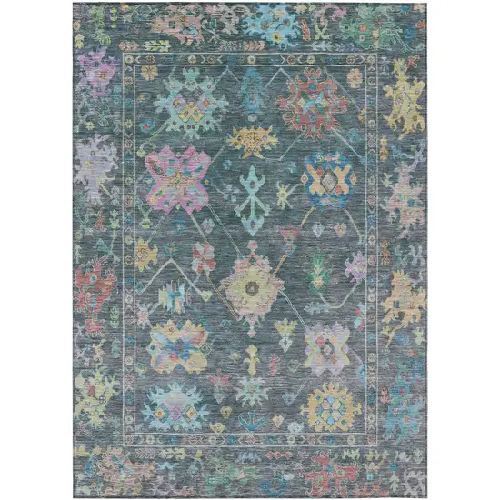 Teal Blue Pink And Gold Floral Washable Indoor Outdoor Area Rug Photo 2