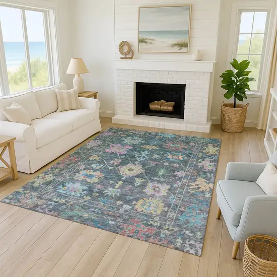 Teal Blue Pink And Gold Floral Washable Indoor Outdoor Area Rug Photo 9