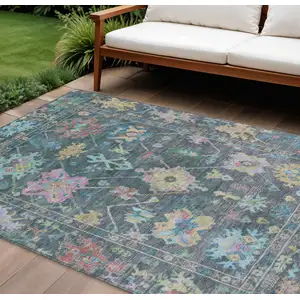 Photo of Teal Blue Pink And Gold Floral Washable Indoor Outdoor Area Rug