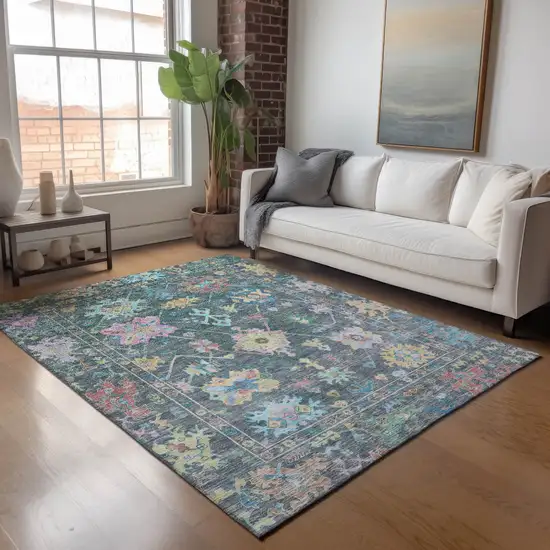 Teal Blue Pink And Gold Floral Washable Indoor Outdoor Area Rug Photo 9