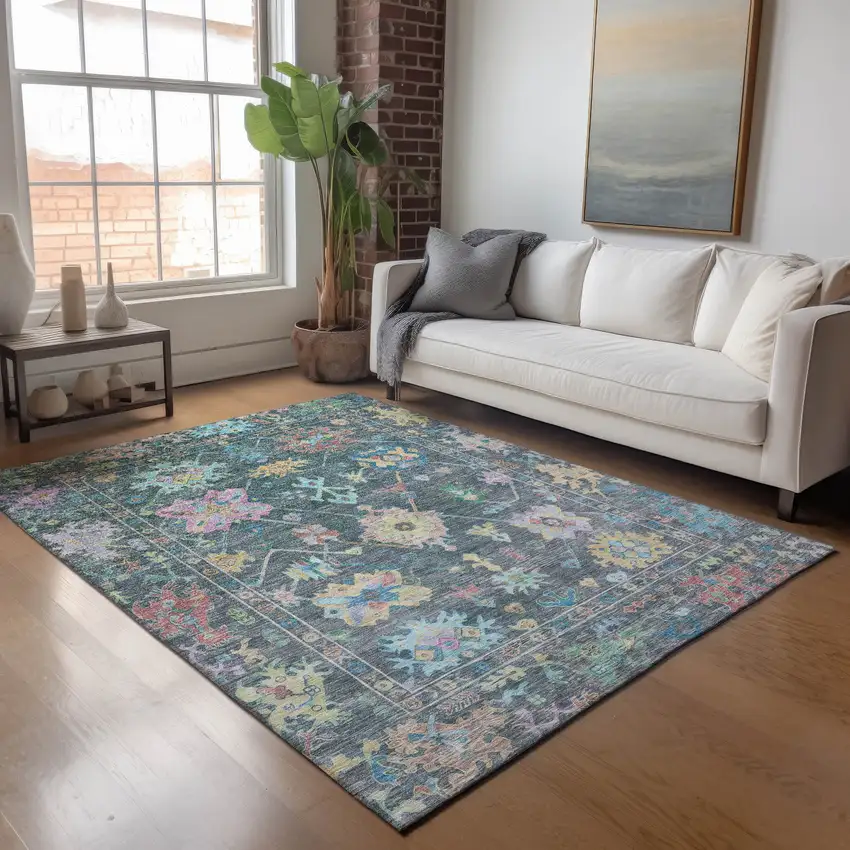 Teal Blue Pink And Gold Floral Washable Indoor Outdoor Area Rug Photo 9