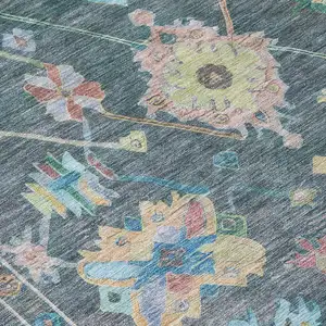 Photo of Teal Blue Pink And Gold Floral Washable Indoor Outdoor Area Rug