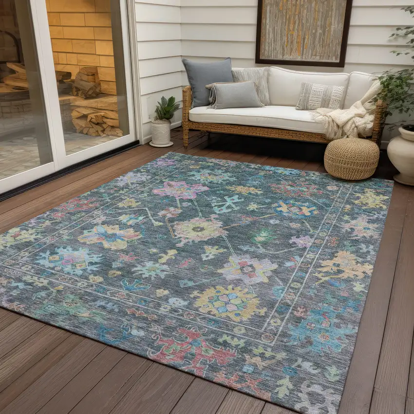 Teal Blue Pink And Gold Floral Washable Indoor Outdoor Area Rug Photo 9