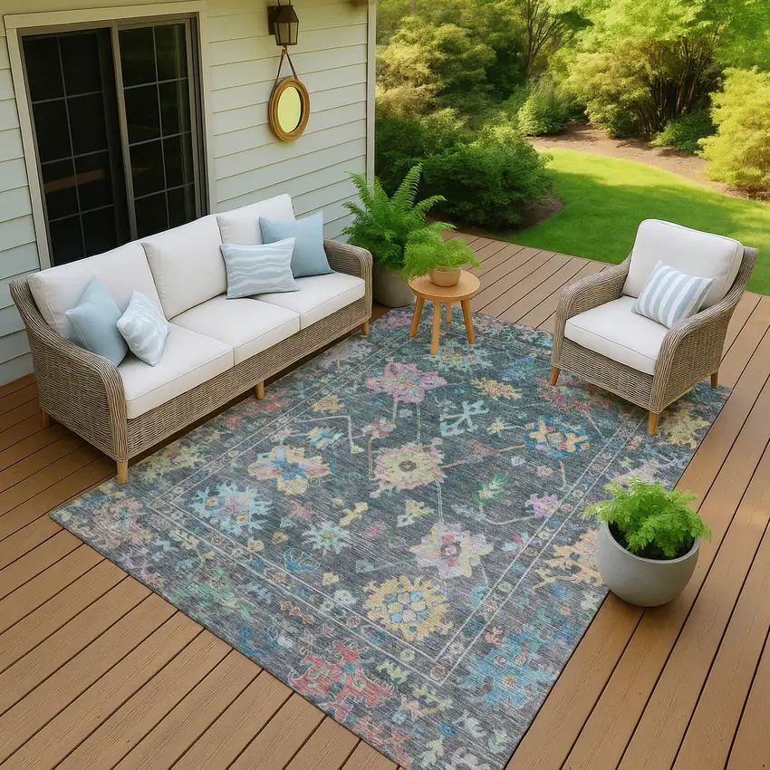 Teal Blue Pink And Gold Floral Washable Indoor Outdoor Area Rug Photo 7
