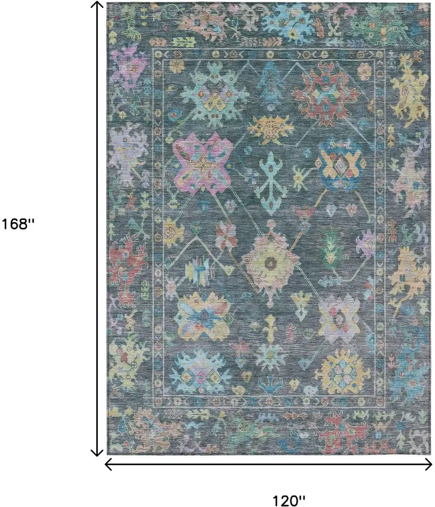 Teal Blue Pink And Gold Floral Washable Indoor Outdoor Area Rug Photo 3