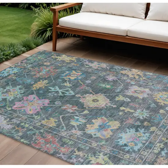 Teal Blue Pink And Gold Floral Washable Indoor Outdoor Area Rug Photo 1