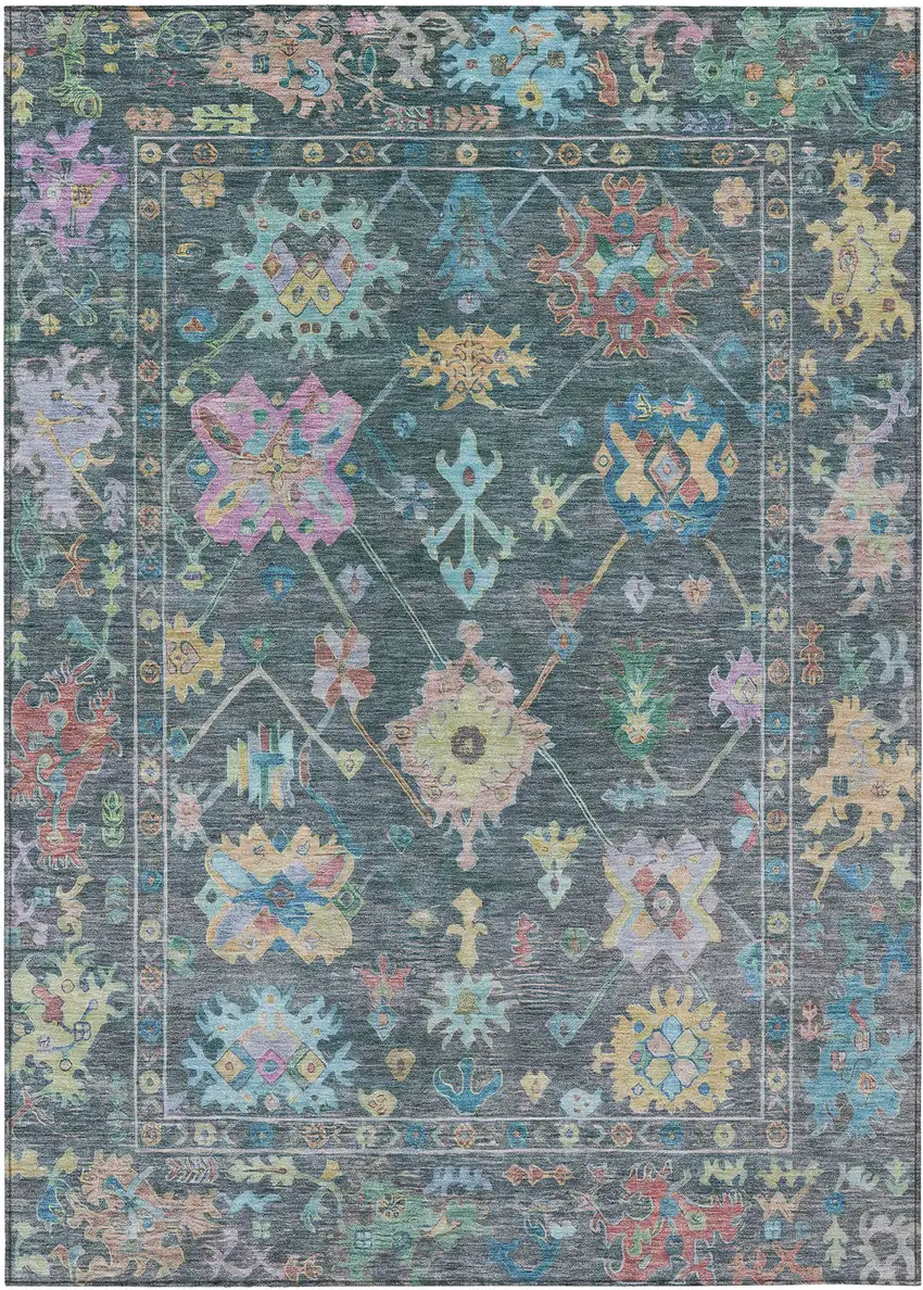 Teal Blue Pink And Gold Floral Washable Indoor Outdoor Area Rug Photo 2