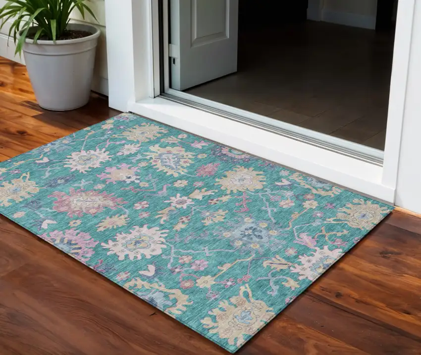 Teal Blue Pink And Ivory Floral Washable Indoor Outdoor Area Rug Photo 1