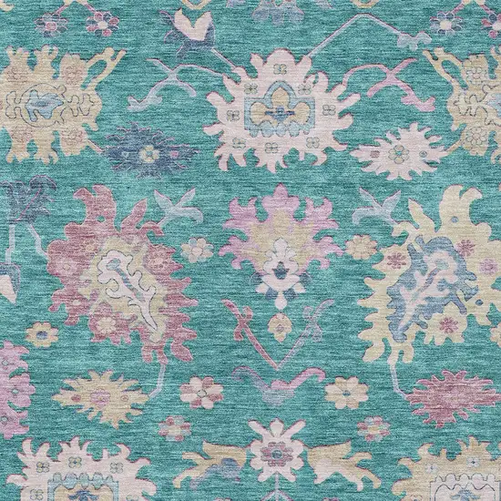 Teal Blue Pink And Ivory Floral Washable Indoor Outdoor Area Rug Photo 6