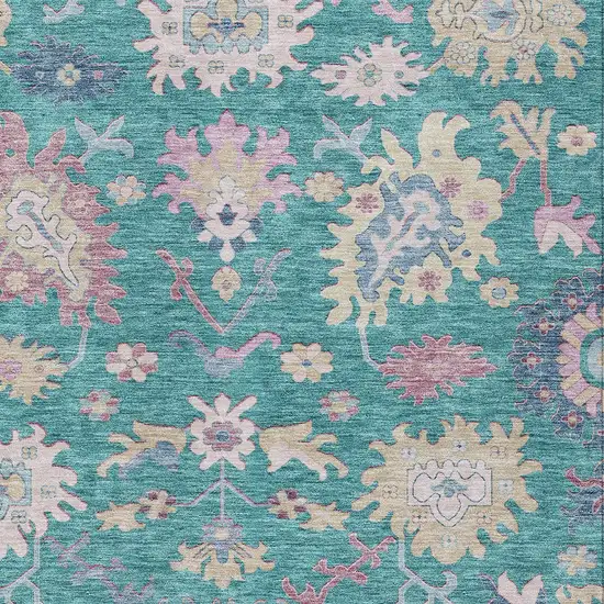 Teal Blue Pink And Ivory Floral Washable Indoor Outdoor Area Rug Photo 6