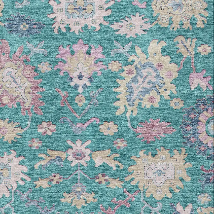 Teal Blue Pink And Ivory Floral Washable Indoor Outdoor Area Rug Photo 6