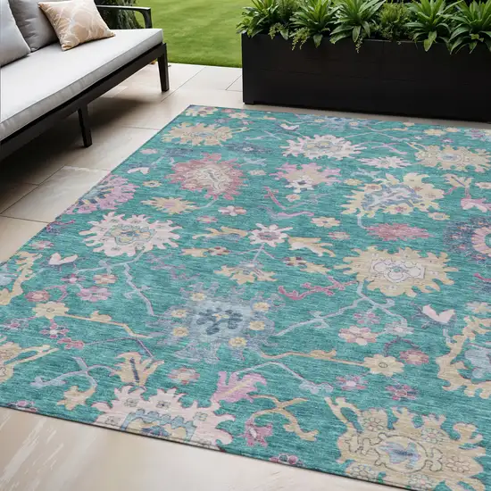 Teal Blue Pink And Ivory Floral Washable Indoor Outdoor Area Rug Photo 1