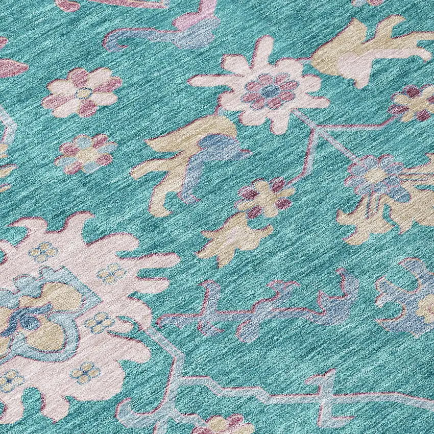 Teal Blue Pink And Ivory Floral Washable Indoor Outdoor Area Rug Photo 5