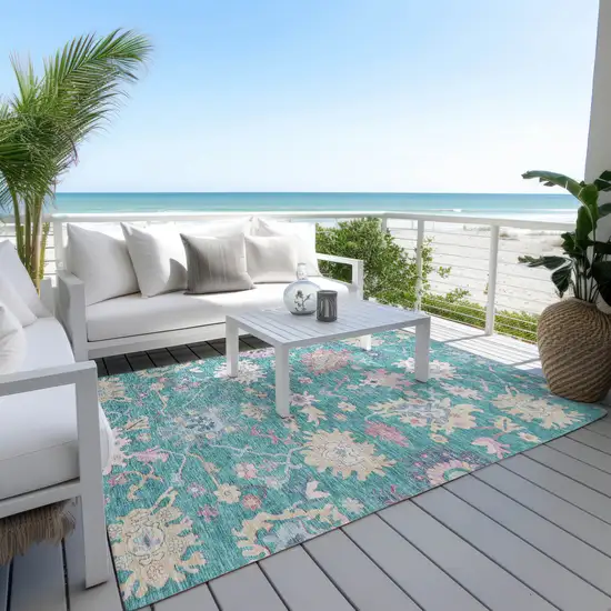 Teal Blue Pink And Ivory Floral Washable Indoor Outdoor Area Rug Photo 8