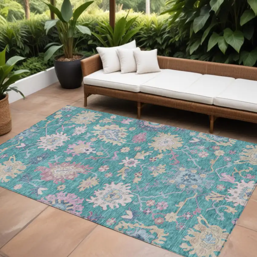 Teal Blue Pink And Ivory Floral Washable Indoor Outdoor Area Rug Photo 1