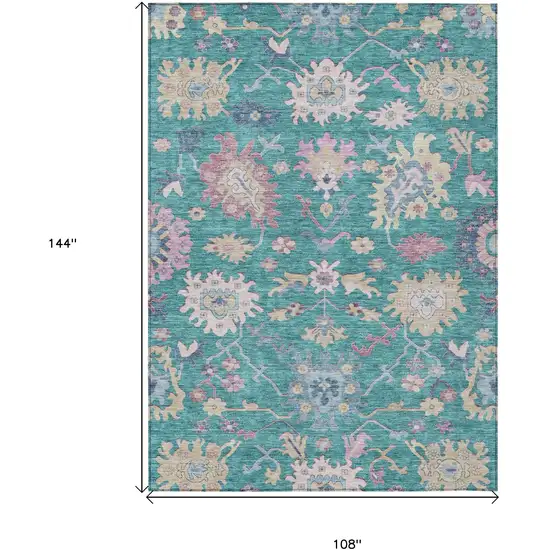Teal Blue Pink And Ivory Floral Washable Indoor Outdoor Area Rug Photo 8
