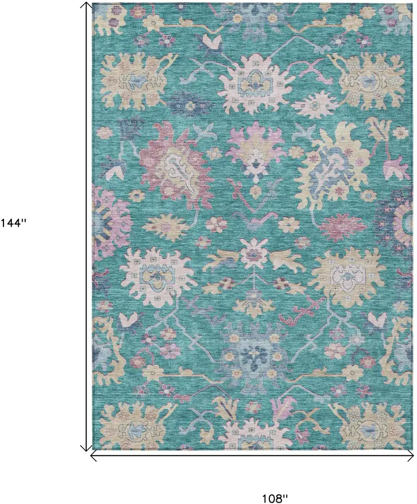 Teal Blue Pink And Ivory Floral Washable Indoor Outdoor Area Rug Photo 8