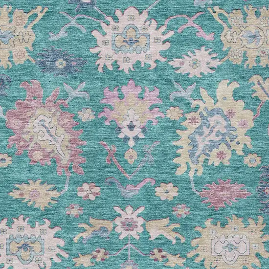 Teal Blue Pink And Ivory Floral Washable Indoor Outdoor Area Rug Photo 6