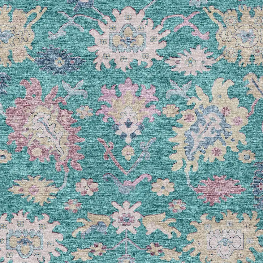 Teal Blue Pink And Ivory Floral Washable Indoor Outdoor Area Rug Photo 6
