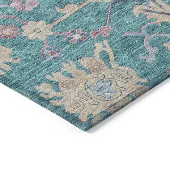 Teal Blue Pink And Ivory Floral Washable Indoor Outdoor Area Rug Photo 4