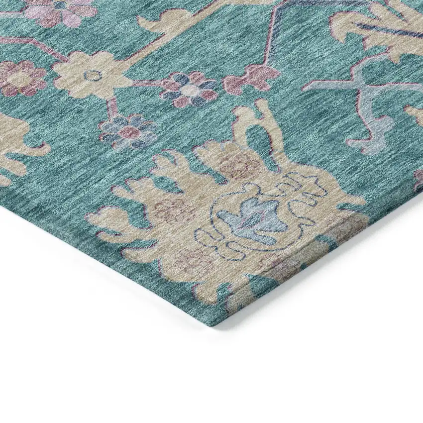 Teal Blue Pink And Ivory Floral Washable Indoor Outdoor Area Rug Photo 4