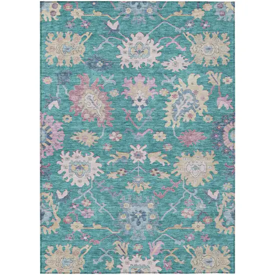Teal Blue Pink And Ivory Floral Washable Indoor Outdoor Area Rug Photo 2