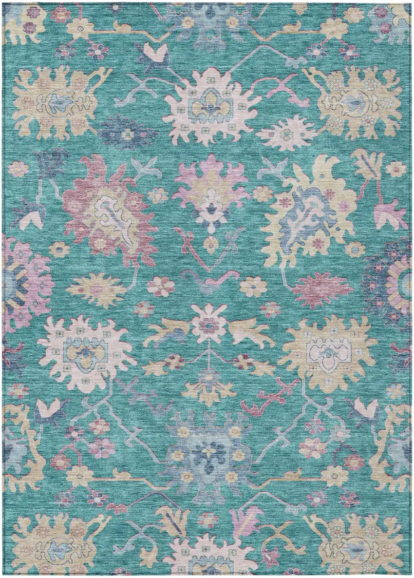 Teal Blue Pink And Ivory Floral Washable Indoor Outdoor Area Rug Photo 2