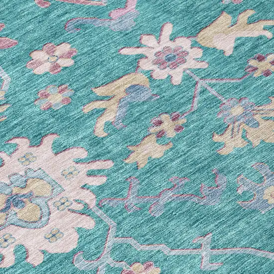 Teal Blue Pink And Ivory Floral Washable Indoor Outdoor Area Rug Photo 5