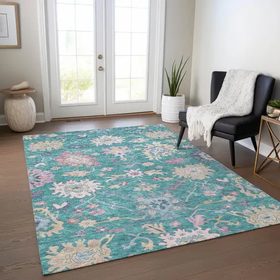 Teal Blue Pink And Ivory Floral Washable Indoor Outdoor Area Rug Photo 9