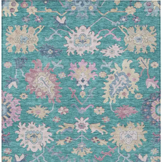 Teal Blue Pink And Ivory Floral Washable Indoor Outdoor Area Rug Photo 6
