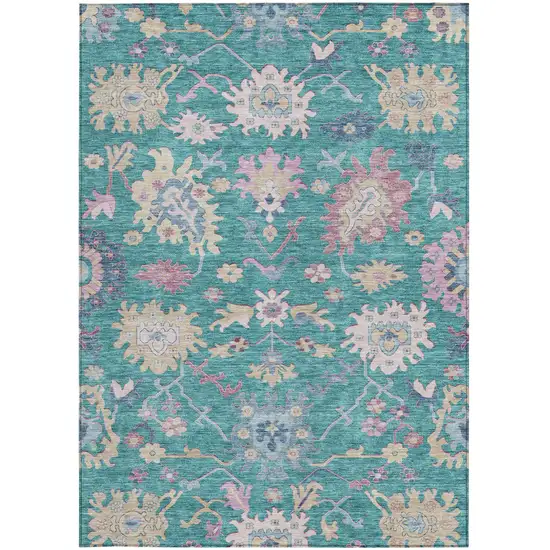 Teal Blue Pink And Ivory Floral Washable Indoor Outdoor Area Rug Photo 7