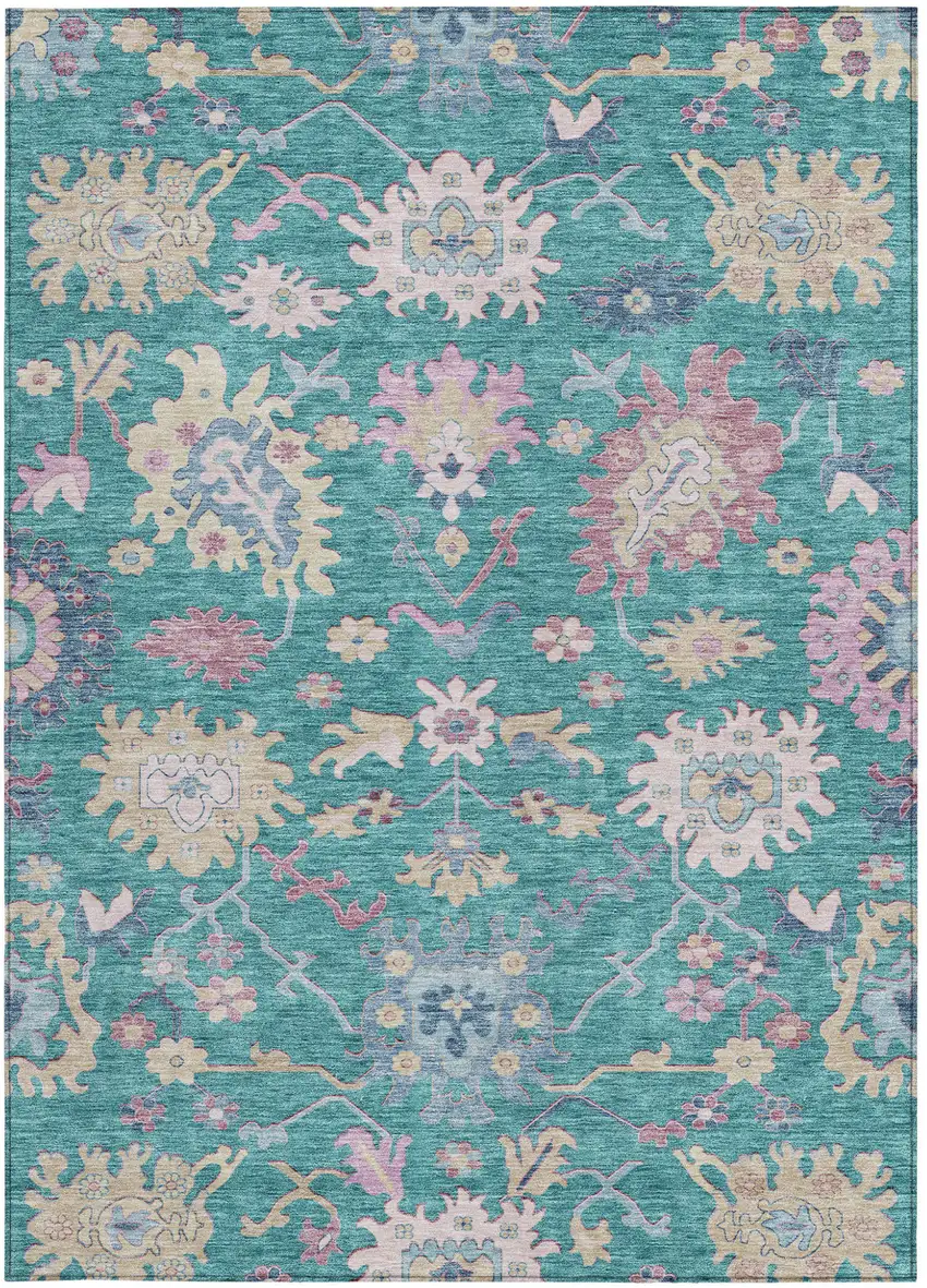 Teal Blue Pink And Ivory Floral Washable Indoor Outdoor Area Rug Photo 7