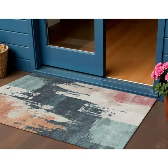 Teal Blue Pink And Orange Abstract Washable Indoor Outdoor Area Rug Photo 1