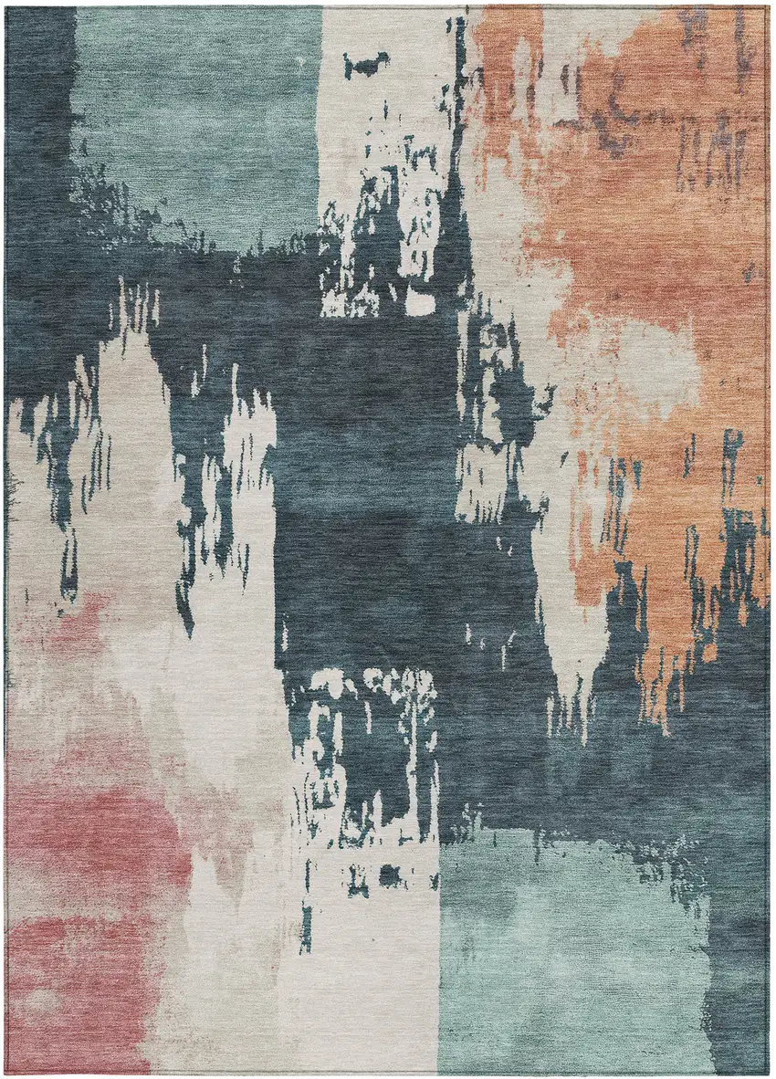 Teal Blue Pink And Orange Abstract Washable Indoor Outdoor Area Rug Photo 5