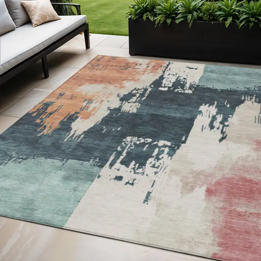Teal Blue Pink And Orange Abstract Washable Indoor Outdoor Area Rug Photo 1