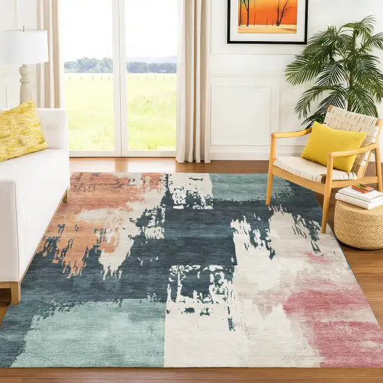 Teal Blue Pink And Orange Abstract Washable Indoor Outdoor Area Rug Photo 9