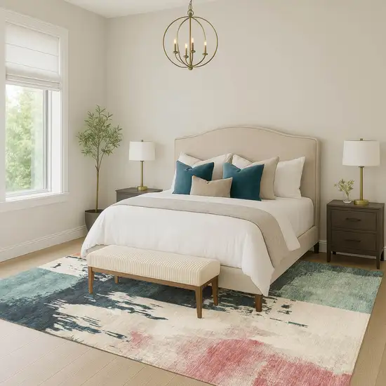 Teal Blue Pink And Orange Abstract Washable Indoor Outdoor Area Rug Photo 8