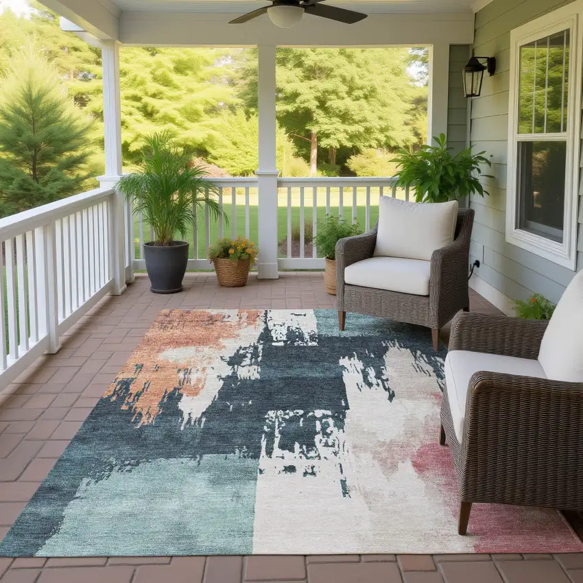 Teal Blue Pink And Orange Abstract Washable Indoor Outdoor Area Rug Photo 9
