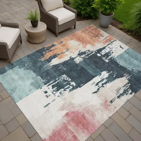 Teal Blue Pink And Orange Abstract Washable Indoor Outdoor Area Rug Photo 8