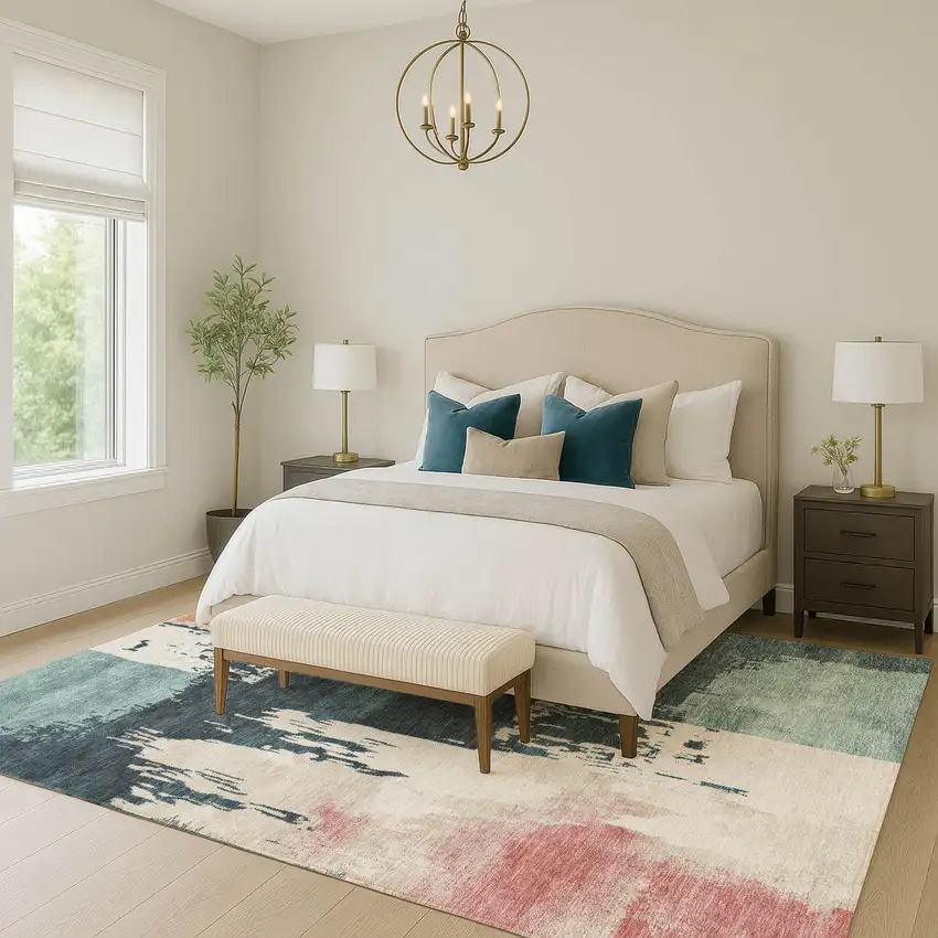 Teal Blue Pink And Orange Abstract Washable Indoor Outdoor Area Rug Photo 9