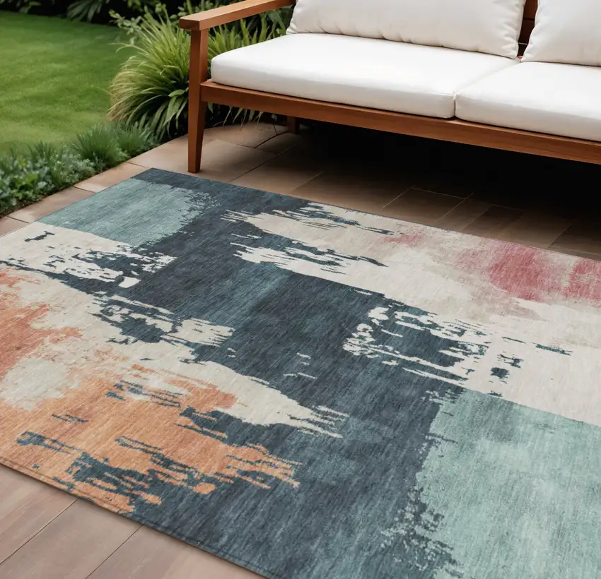 Teal Blue Pink And Orange Abstract Washable Indoor Outdoor Area Rug Photo 1