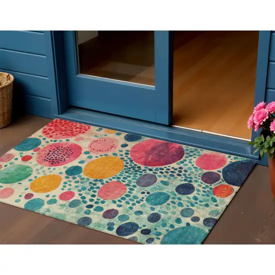 Teal Blue Pink And Orange Geometric Washable Indoor Outdoor Area Rug Photo 2