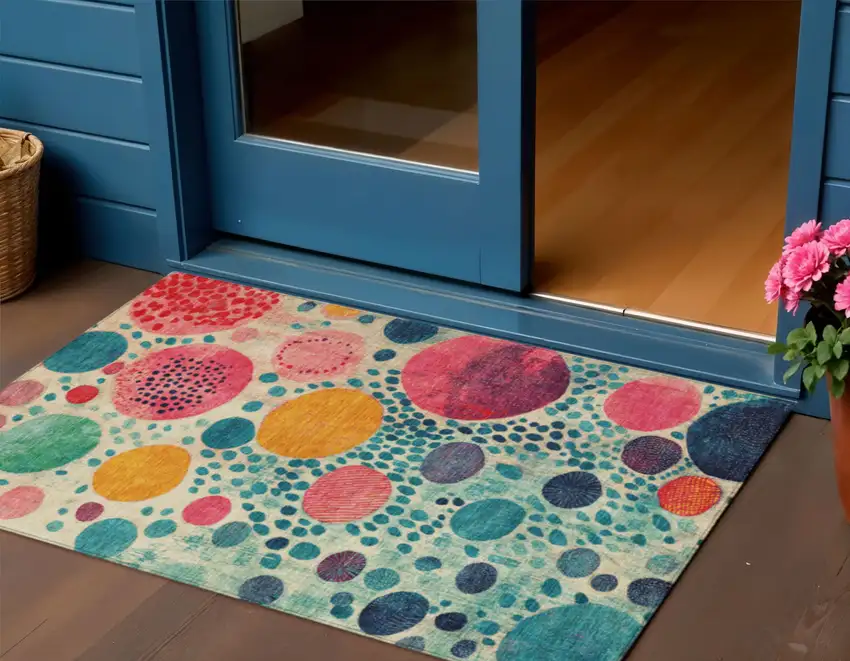 Teal Blue Pink And Orange Geometric Washable Indoor Outdoor Area Rug Photo 2