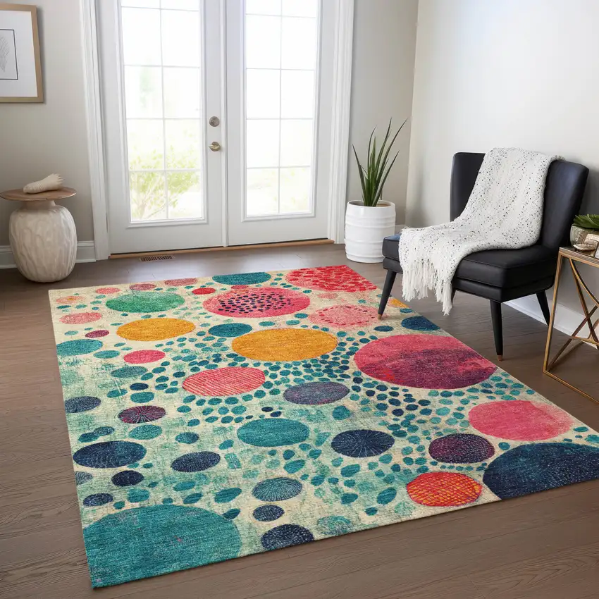 Teal Blue Pink And Orange Geometric Washable Indoor Outdoor Area Rug Photo 5