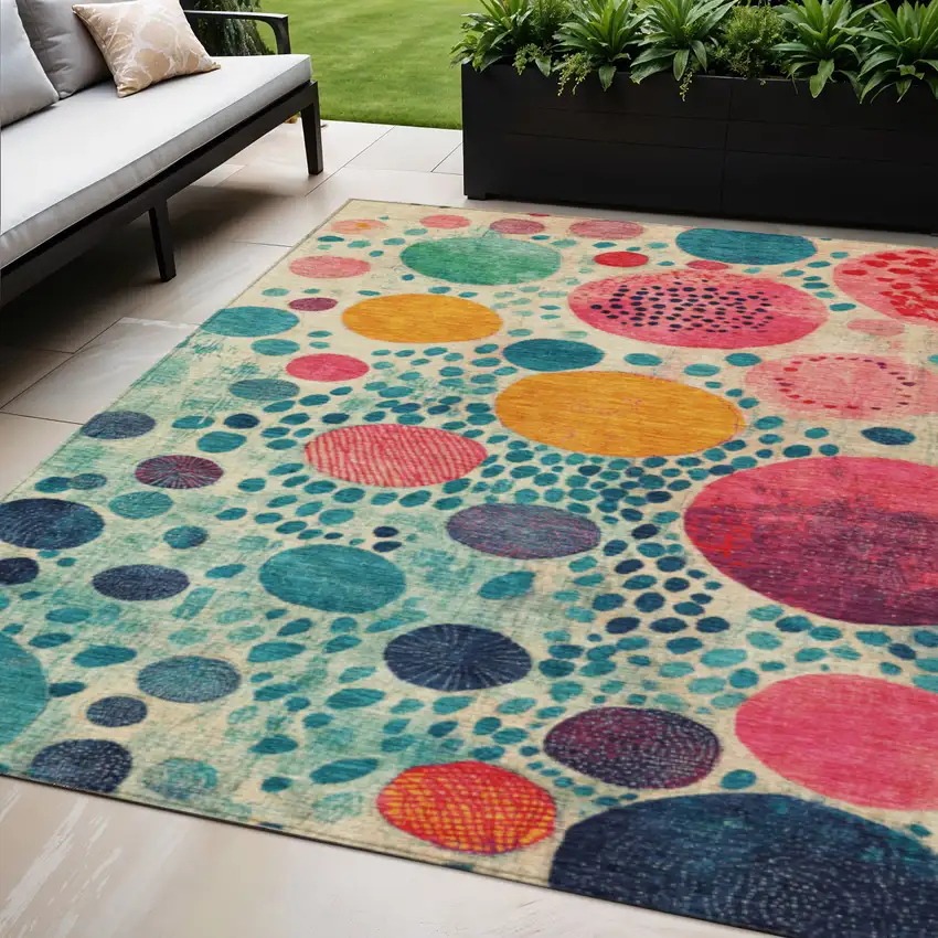Teal Blue Pink And Orange Geometric Washable Indoor Outdoor Area Rug Photo 2