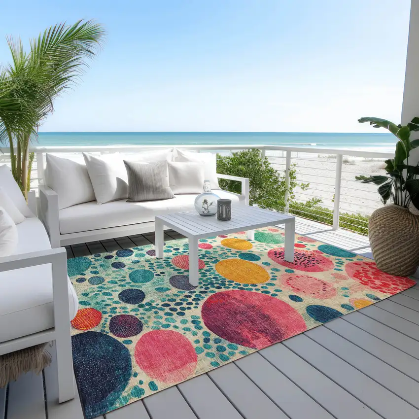 Teal Blue Pink And Orange Geometric Washable Indoor Outdoor Area Rug Photo 4