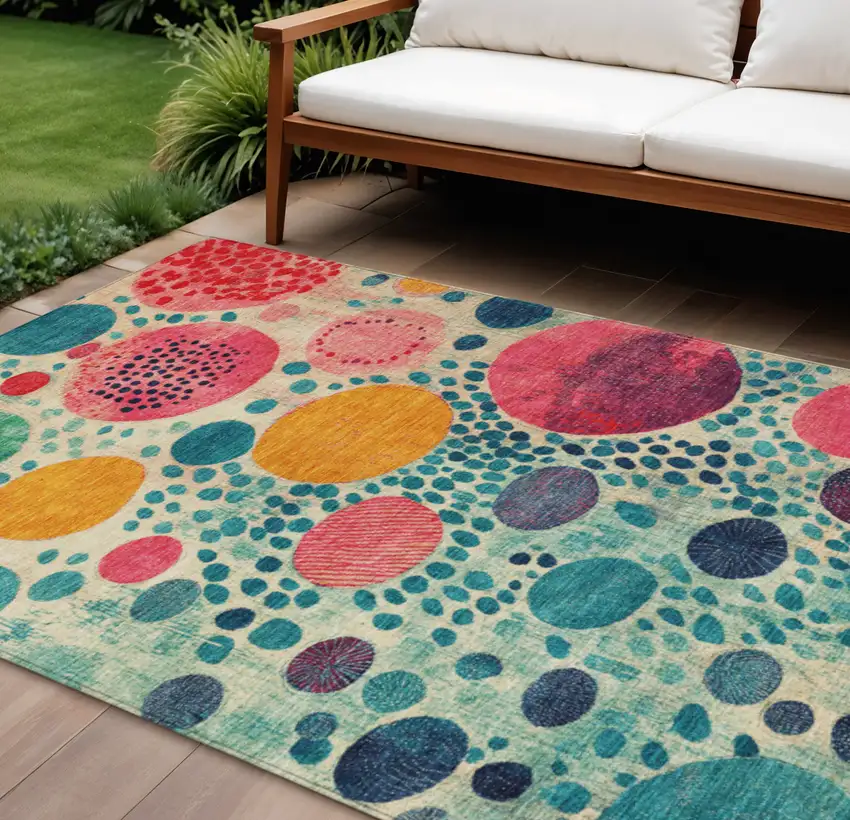 Teal Blue Pink And Orange Geometric Washable Indoor Outdoor Area Rug Photo 2