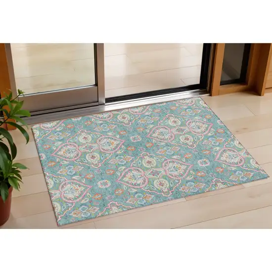 Teal Blue Pink And Orange Ogee Washable Indoor Outdoor Area Rug Photo 1